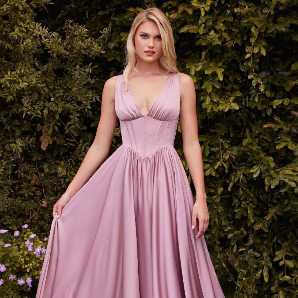 NEW FORMAL A-LINE LONG SOFT SATIN DRESS W/ BONED BODICE & V-NECKLINE CD 7447